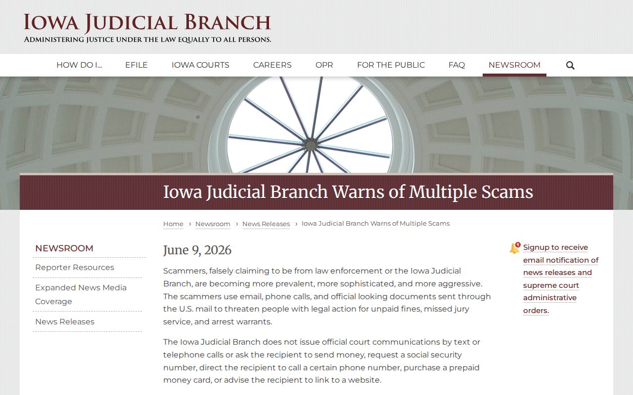 Howard County warrant scam warning from Iowa courts