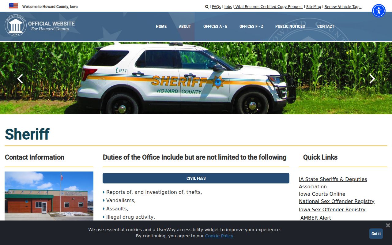 Howard County warrant records Sheriff Office contact page